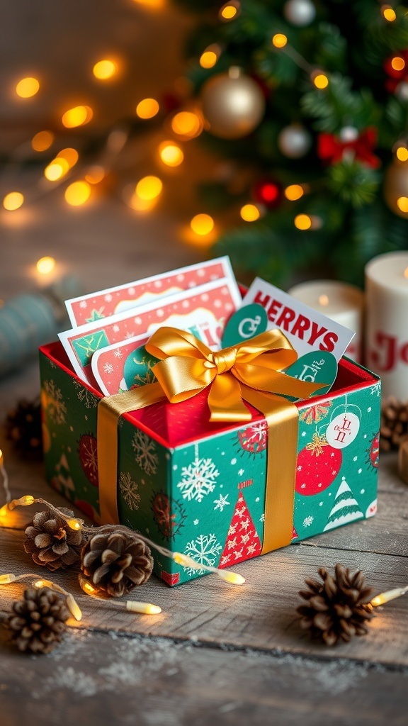 Christmas Card Box Decoration Ideas A decorated Christmas card box filled with holiday cards on a wooden table with fairy lights.